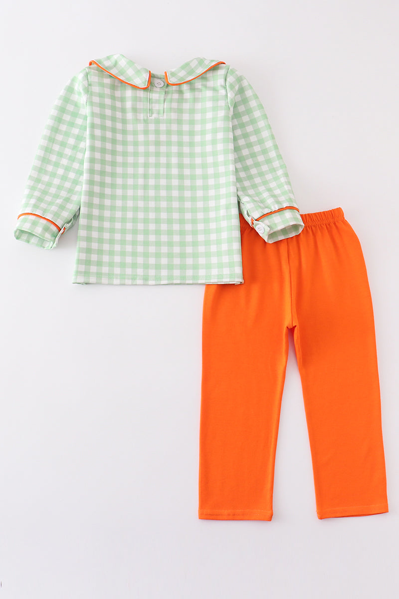 Pumpkin embroidery plaid boy set