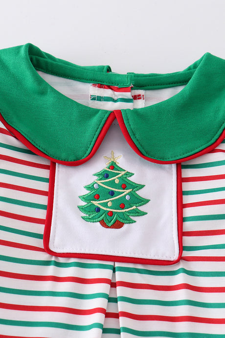 Green stripe christmas tree embroidery boy set