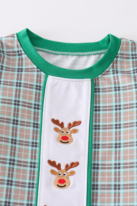 Green plaid christmas deer embroidery boy pajamas set