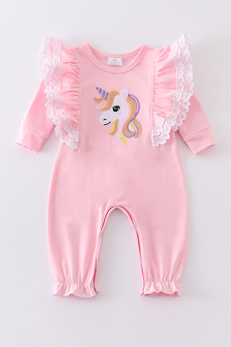 Pink unicorn embroidery ruffle girl romper