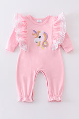 Pink unicorn embroidery ruffle girl romper