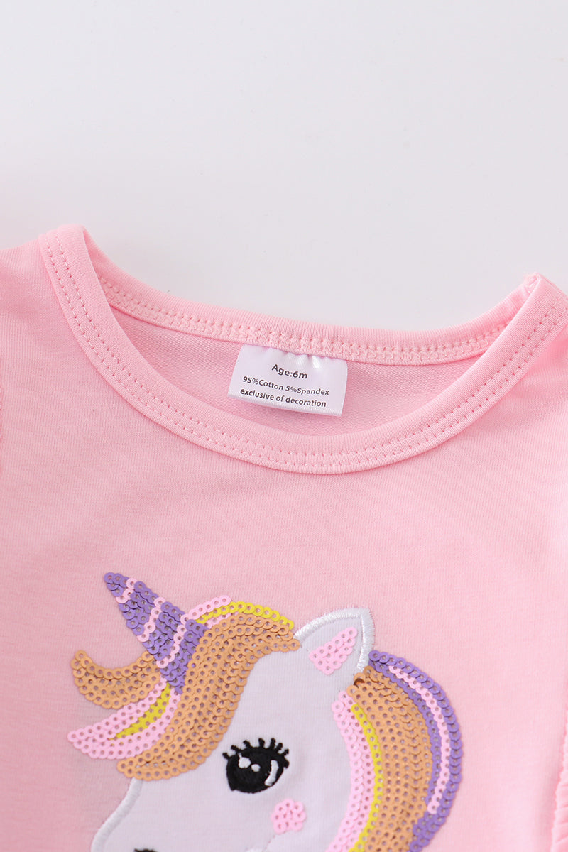 Pink unicorn embroidery ruffle girl romper