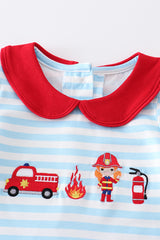 Blue stripe fire engine embroidery girl romper