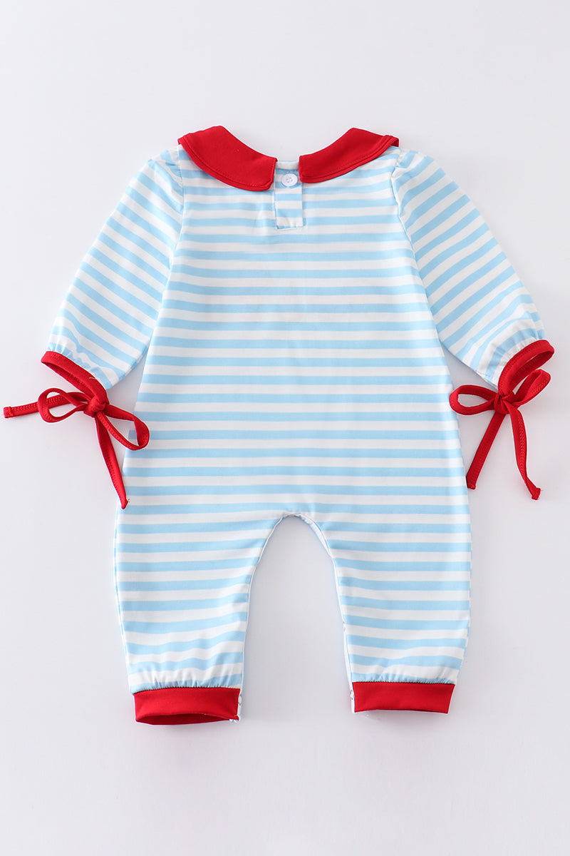 Blue stripe fire engine embroidery girl romper