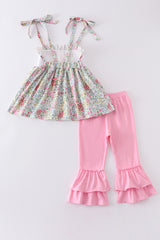 Floral print bunny embroidery smocked girl set