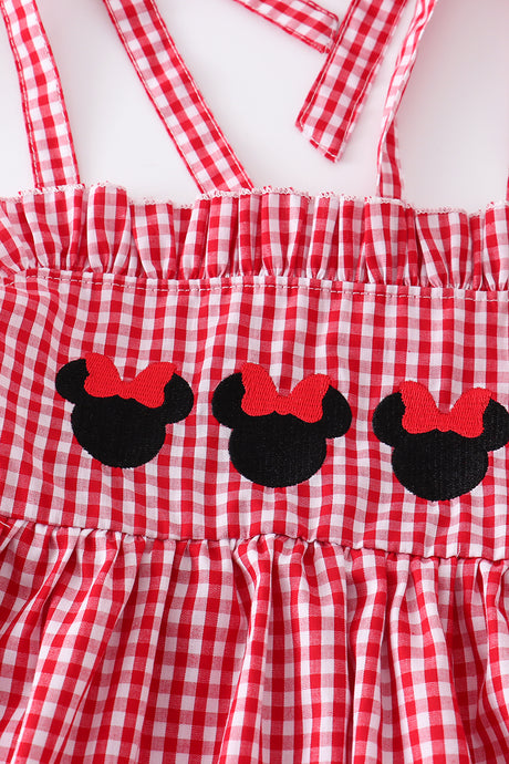 Red gingham woven character embroidery girl set