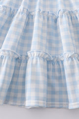 Blue plaid farm embroidery tiered dress