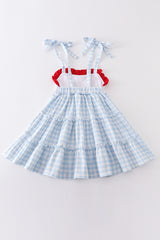 Blue plaid farm embroidery tiered dress