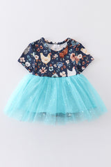 Floral chicken print sequin tulle girl bubble