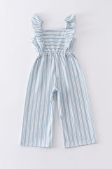 Blue stripe smocked girl jumpsuit