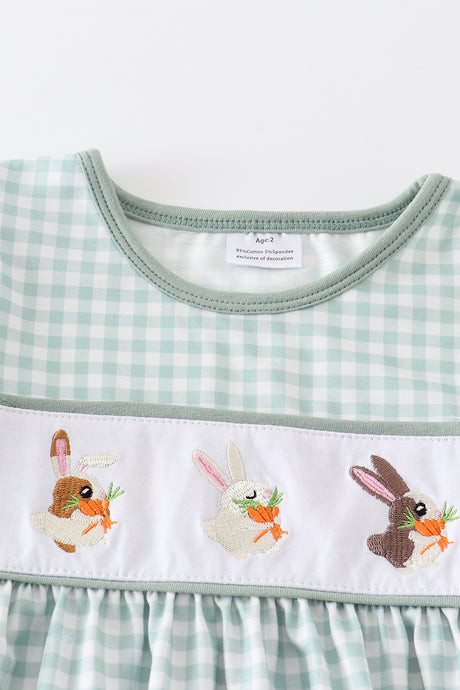 Green plaid bunny embroidery dress