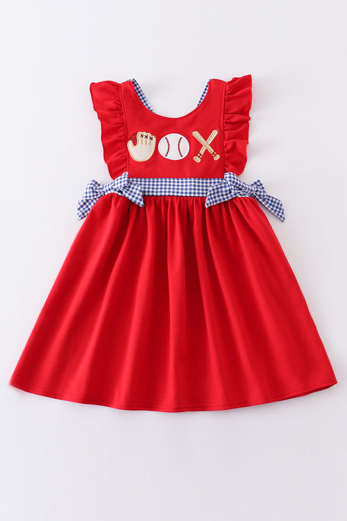 Red baseball applique ruffle dress