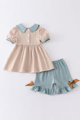 Brown stripe dog embroidery girl set