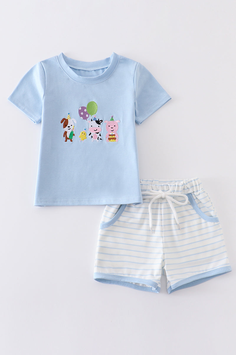 Blue birthday farm embroidery boy set