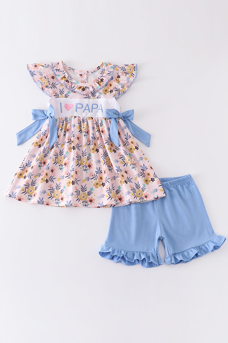 Floral print I love PAPA embroidery ruffle girl set