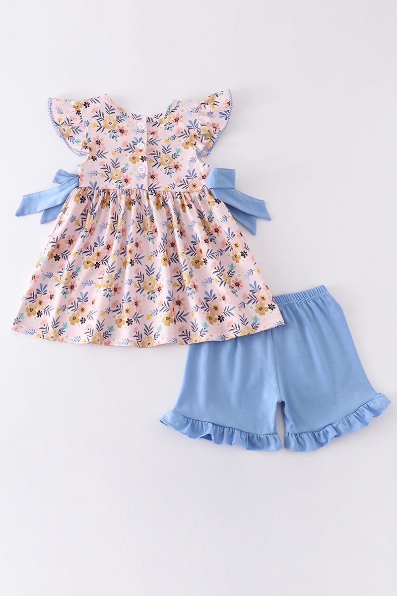 Floral print I love PAPA embroidery ruffle girl set