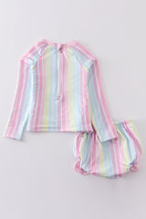 Rainbow stripe long sleeve 2pc girl rashguard swimsuit
