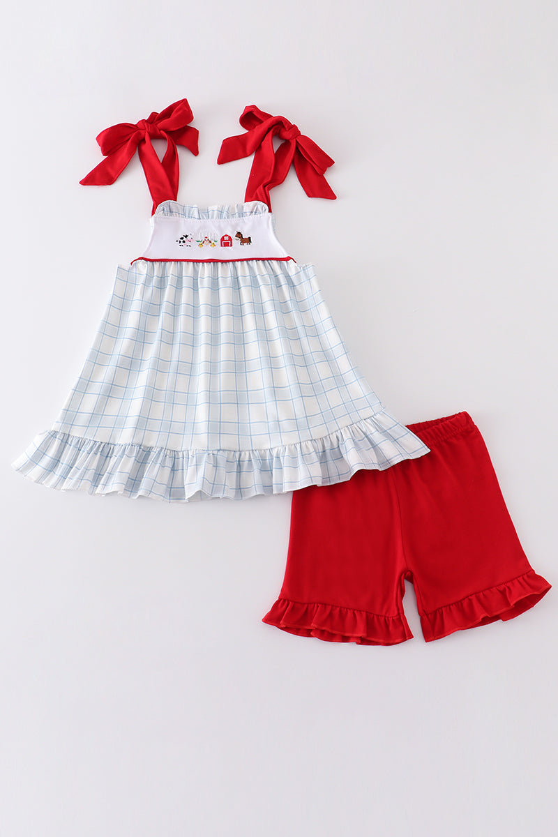 Blue plaid farm embroidery girl set