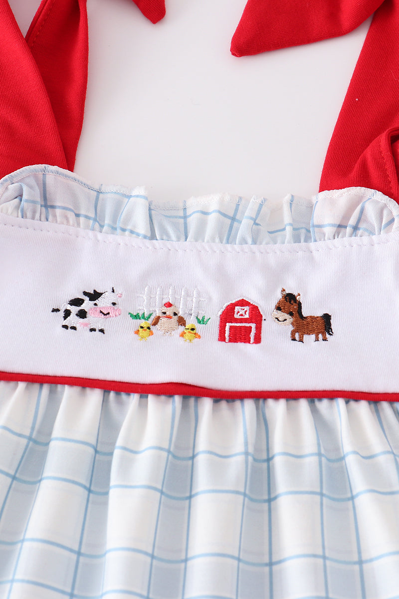 Blue plaid farm embroidery girl set