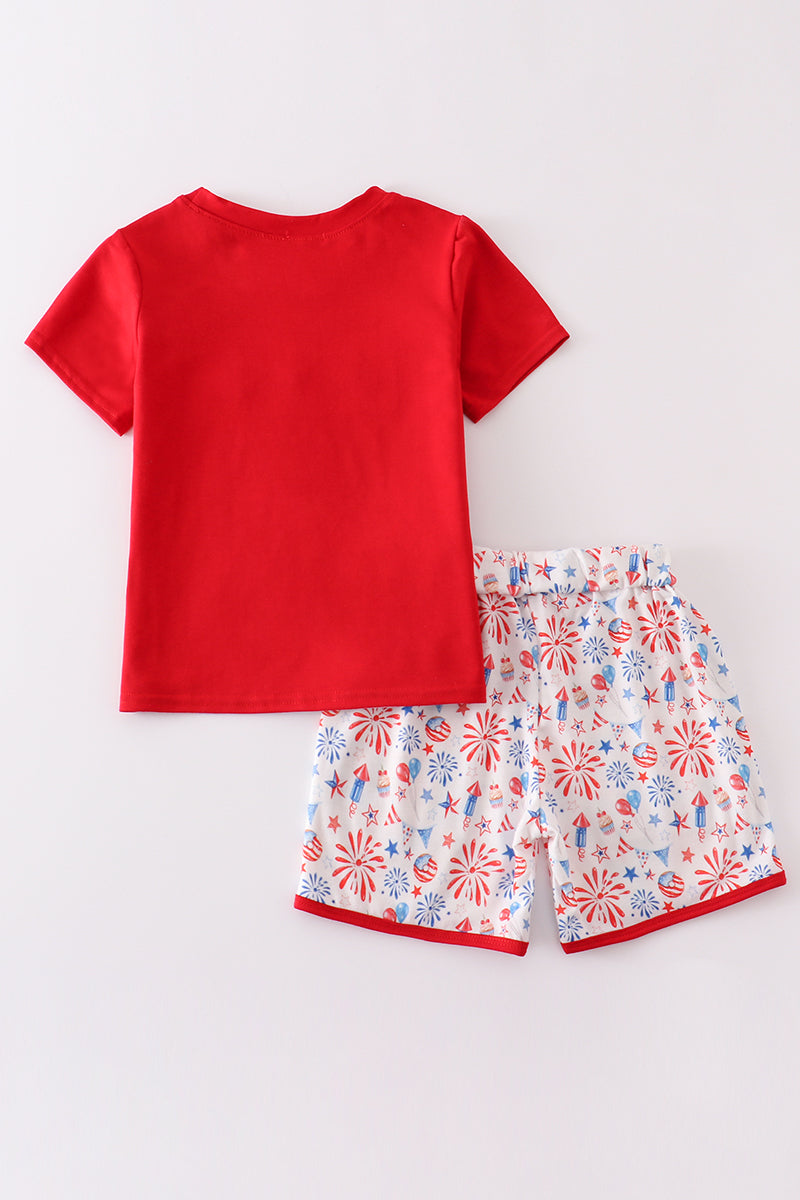 Red firework patriotic embroidery print boy set