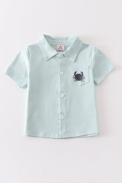 Mint crab embroidery button down boy shirt