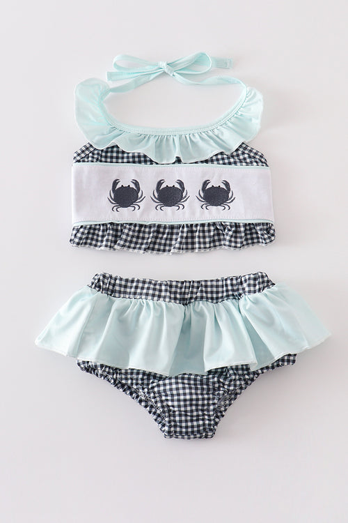 Mint crab embroidery ruffle 2pc girl swimsuit
