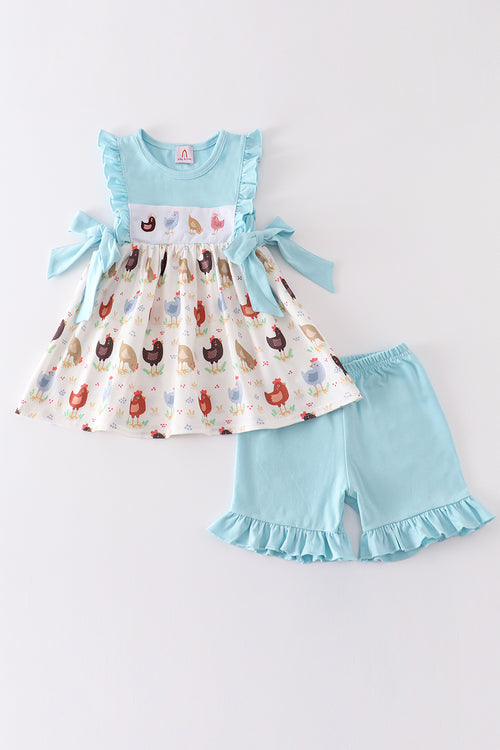 Blue chicken embroidery ruffle girl set