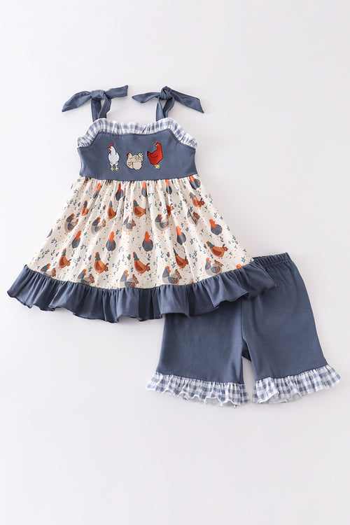 Navy chicken embroidery girl set