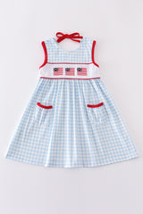 Blue flag embroidery gingham dress