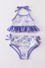 Purple floral print 2pc girl swimsuit