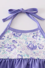 Purple floral print 2pc girl swimsuit