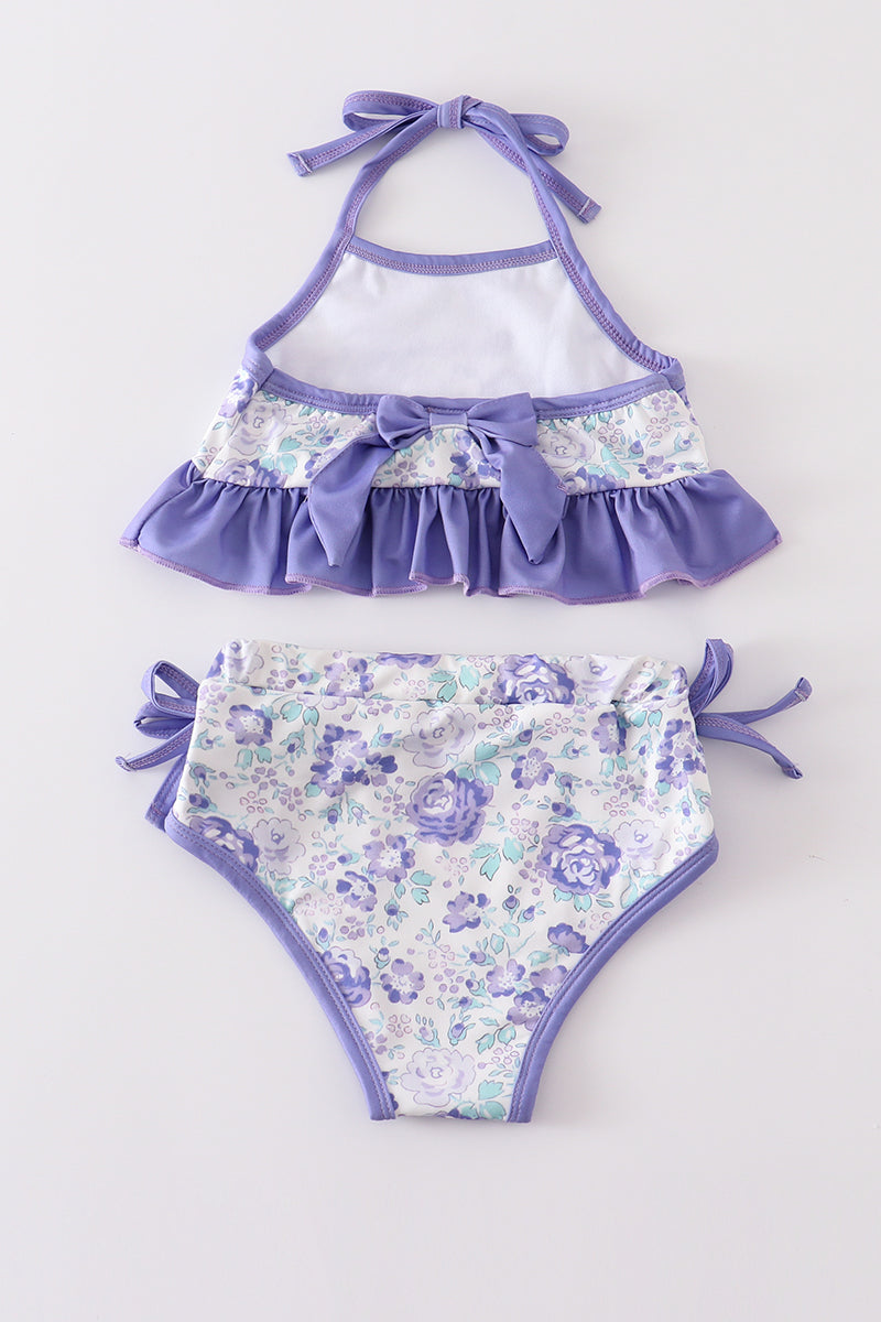 Purple floral print 2pc girl swimsuit