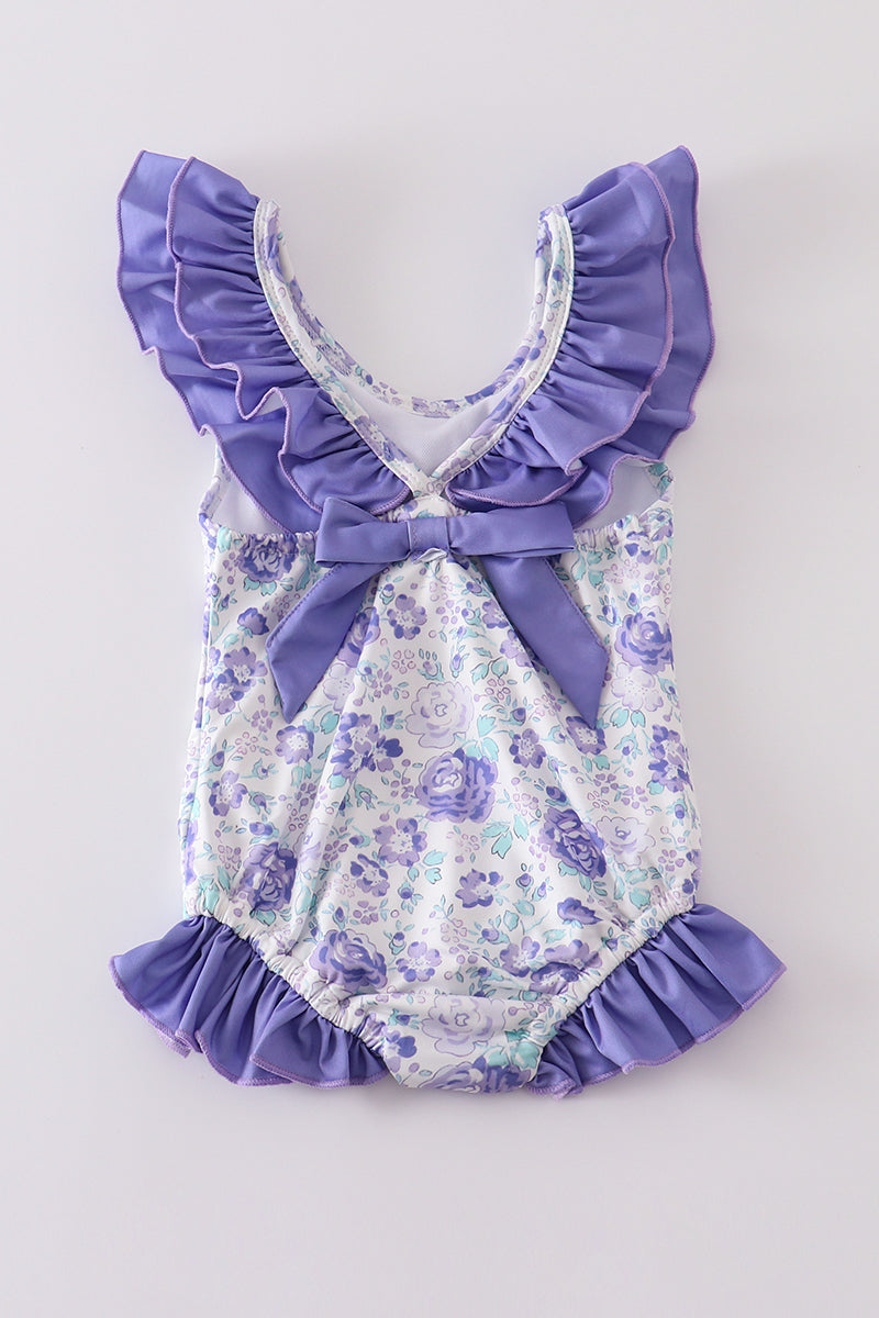 Purple floral print one-piece girl swimsuit