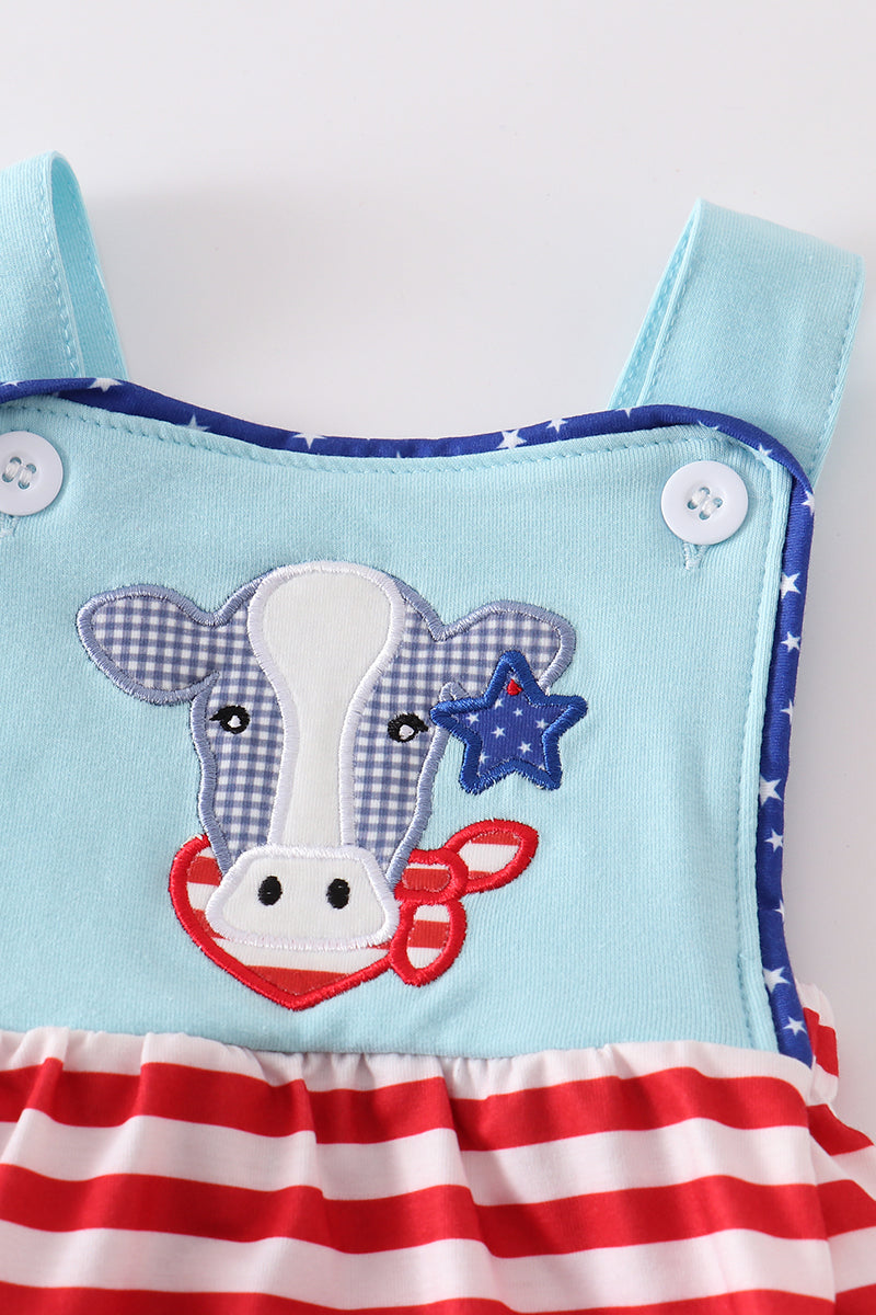 Blue patriotic cow applique boy bubble