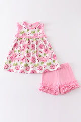 Pink floral print girl ruffle set