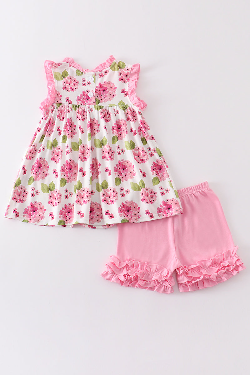 Pink floral print girl ruffle set