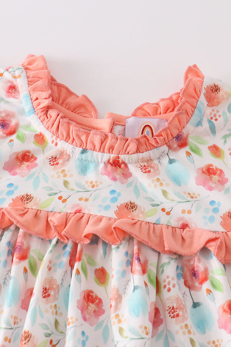 Coral floral print ruffle girl set