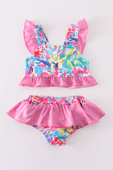 Pink floral print smocked 2pc girl ruffle swimsuit