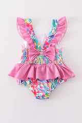 Pink floral print smocked one-piece girl swimsuit