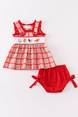 Red chicken embroidery plaid baby set