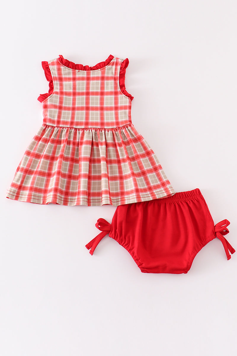 Red chicken embroidery plaid baby set