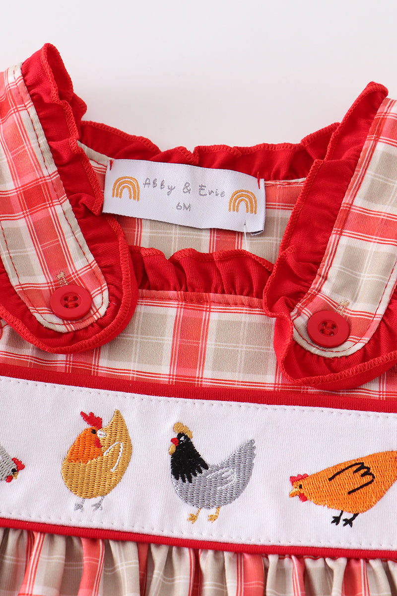 Red chicken embroidery plaid baby set