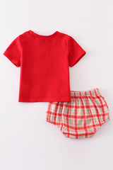 Red chicken embroidery plaid baby set