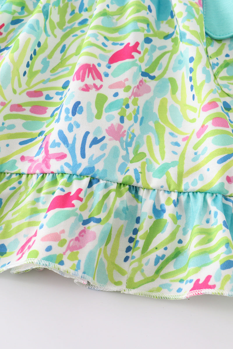 Green floral print girl ruffle shorts set