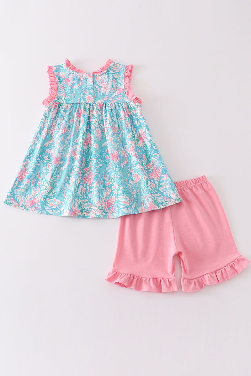 Green floral print ruffle girl set