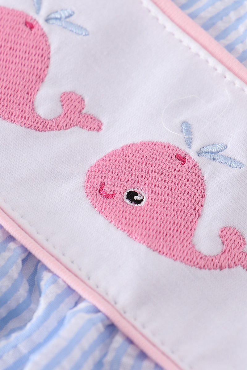 Blue whale embroidery seersucker girl set