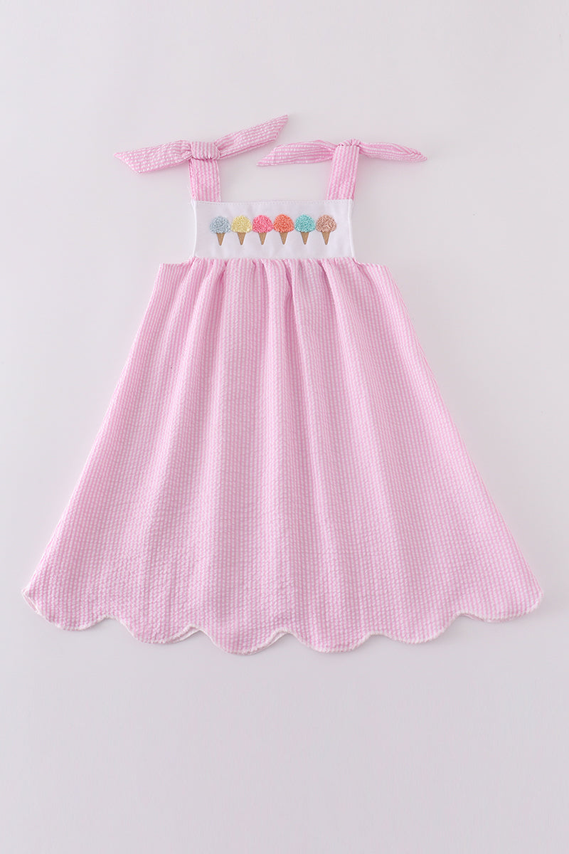 Pink seersucker ice cream french knot dress