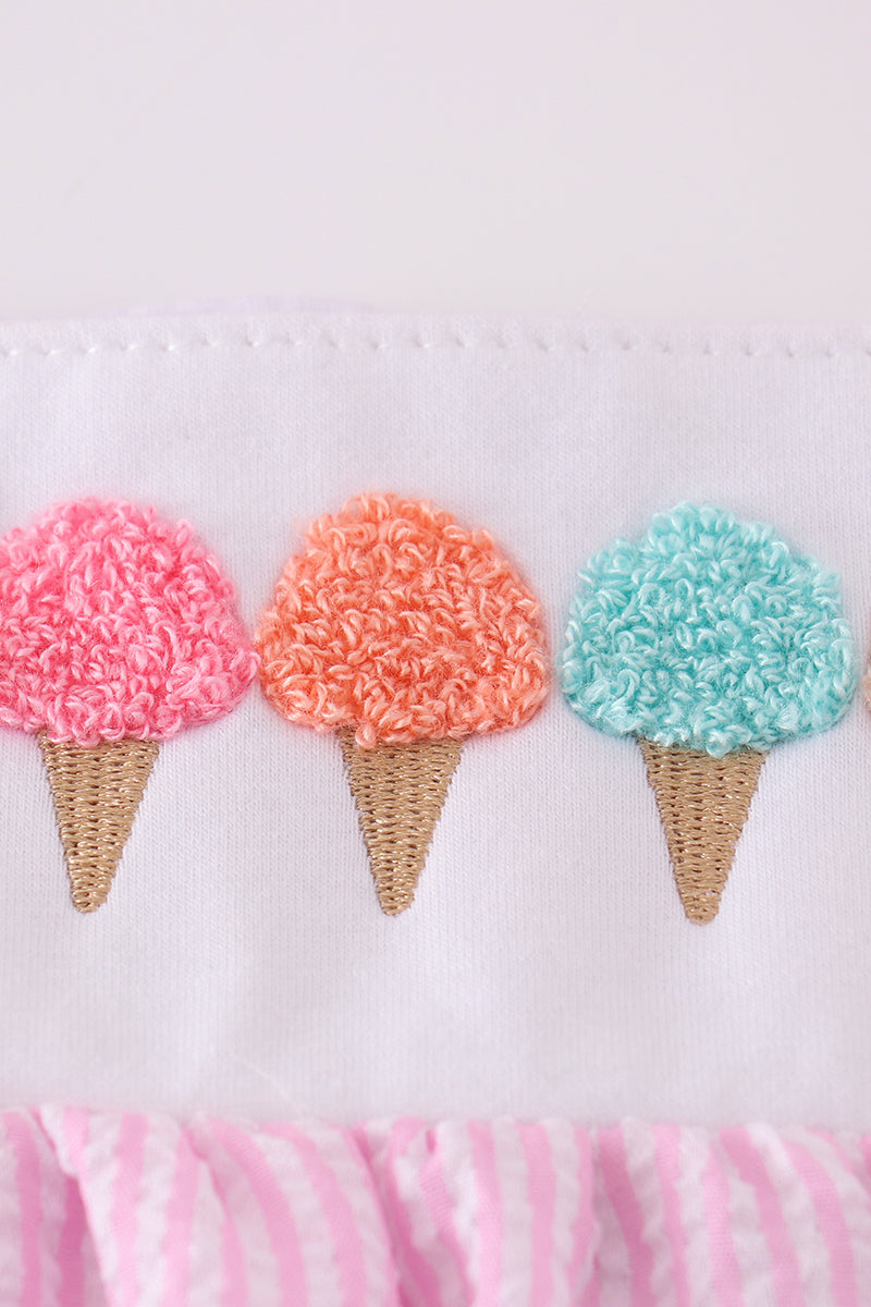 Pink seersucker ice cream french knot dress