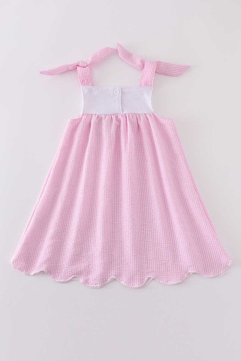 Pink seersucker ice cream french knot dress