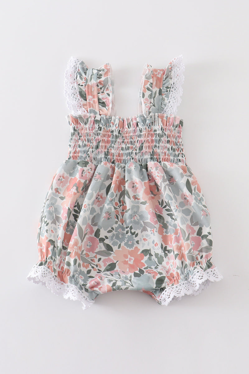 Floral print smocked girl bubble